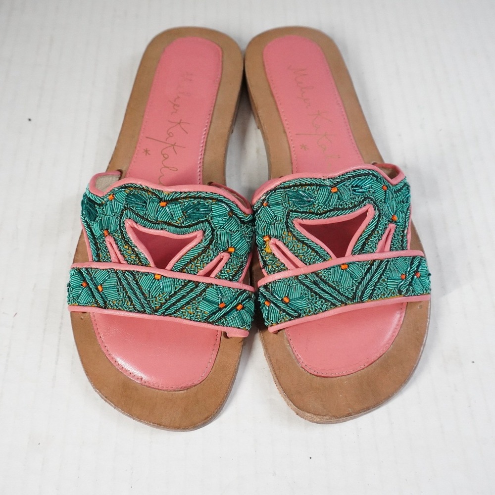 Meher‎ Kakalia Anthropologie Beaded Pink Leather Flat Slide Sandals Beach 37 US7